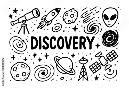 Discovery doodle illustration — space exploration, aliens, and other science and adventure elements — stock vector.