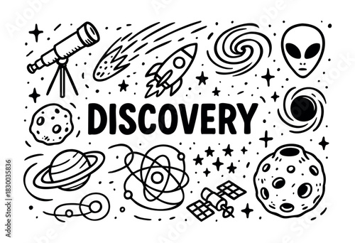 Discovery doodle illustration — space exploration, aliens, and other science and adventure elements — stock vector.