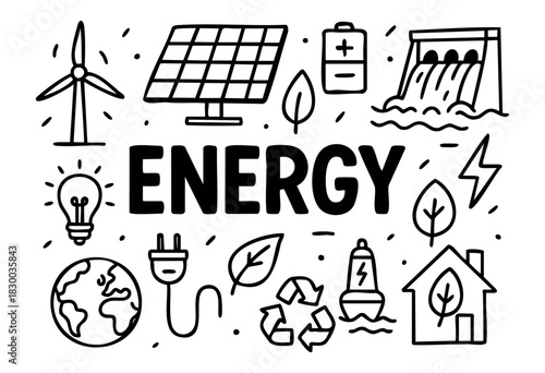 Energy doodle illustration — renewable, green, and other sustainable power source elements — stock vector.