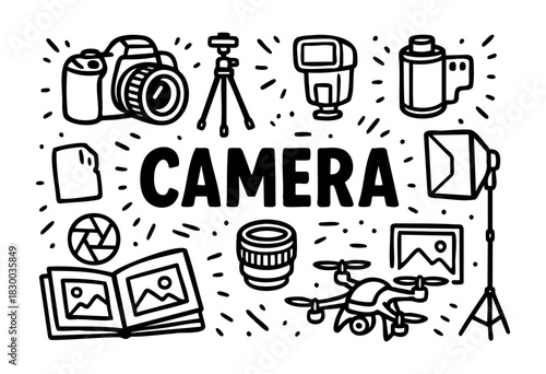 Camera doodle illustration — photography and videography equipment, including a drone — stock vector.