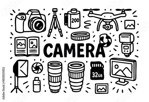 Camera doodle illustration — photography and videography equipment, including a drone — stock vector.