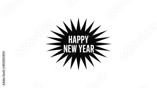 Bold black and white graphic design featuring the text happy new year inside a starburst or sunburst shape