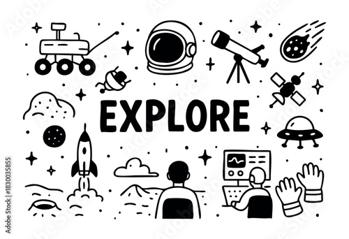 Explore doodle illustration — space exploration, rovers, and other scientific discovery elements — stock vector.