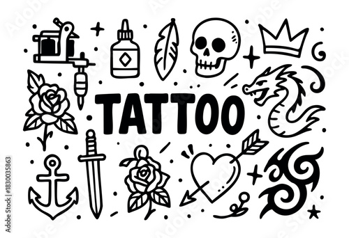 Tattoo doodle illustration — classic tattoo designs and parlor equipment — stock vector.