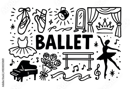 Ballet doodle illustration — ballerina, pointe shoes, and other classical dance and theater elements — stock vector.