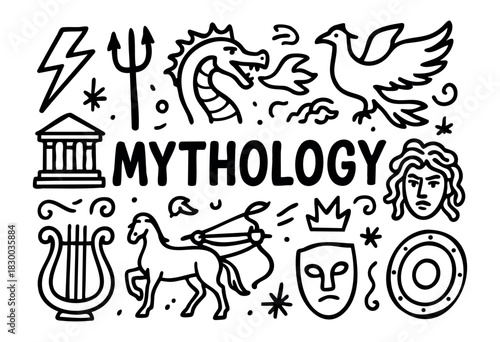 Mythology doodle illustration — Greek gods, mythical creatures, and other ancient legend elements — stock vector.
