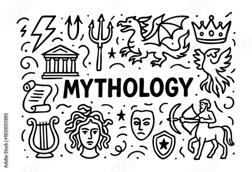 Mythology doodle illustration — Greek gods, mythical creatures, and other ancient legend elements — stock vector.