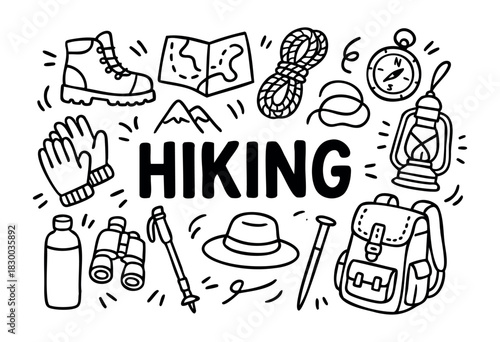 Hiking doodle illustration — backpack, boots, and other outdoor adventure and camping gear — stock vector.