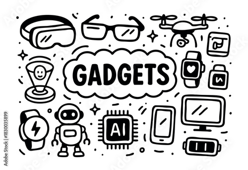 Gadgets doodle illustration — robots, drones, and other modern electronic devices and technology — stock vector.
