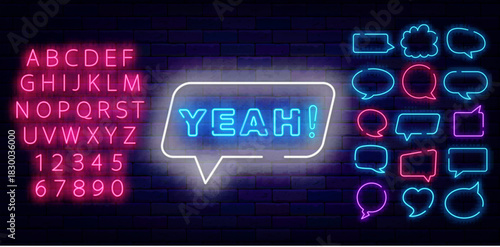Yeah neon label in speech bubble. Good news. Consent and agreement. Game design. Label for casino, talk show. Cloud frames set. Shiny pink alphabet. Editing text. Vector stock illustration