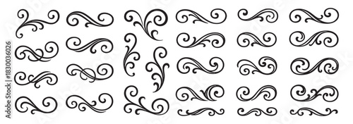 Elegant collection of black swirl decorative designs, isolated on white background. concept of vintage ornaments, flourish decorations, design elements, graphic illustration
