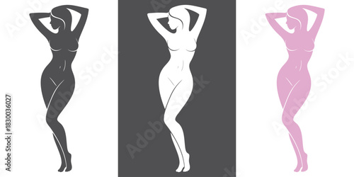 SET - Woman. Artistic silhouette of female figure in three styles, concept of elegance, beauty, feminine grace, art, design, illustration, black and white contrast, abstract form.