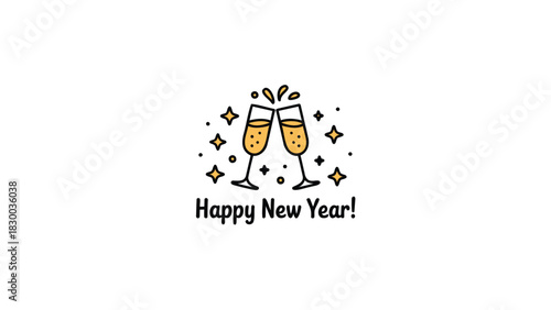 Two champagne glasses clinking together with sparkling stars and confetti celebrating a happy new year