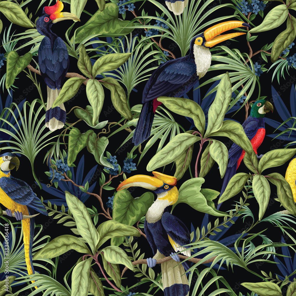 Naklejka premium Tropic jungle birds vector seamless pattern with exotic parrots toucans leaves and branches
