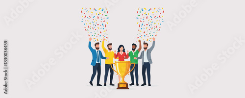 Business team with trophy celebrating victory. group of people standing with confetti. happy successful workers. success and achievement concept