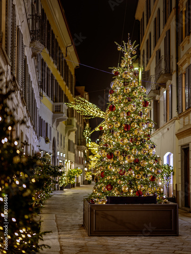 Christmas tree in the shopping alley in Milan by night