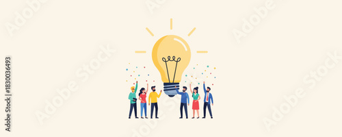 Happy business team celebrating successful idea or solution. group of people standing around giant light bulb. concept of innovation and creativity