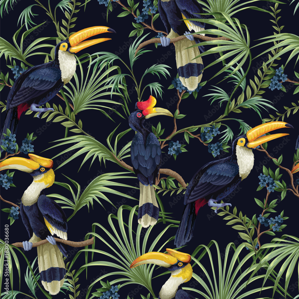 Naklejka premium Tropic jungle birds vector seamless pattern with exotic parrots toucans leaves and branches