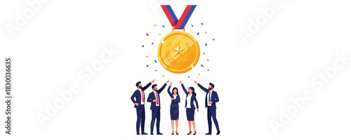 Diverse group of successful business people pointing up at a golden medal with a star, symbolizing triumph, excellence, and top achievement