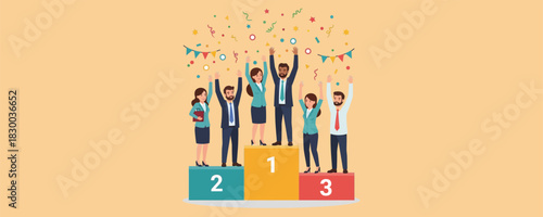Diverse group of happy business people celebrating on a winner's podium with colorful confetti, representing achievement, success, and competition