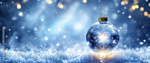  transparent glass christmas tree ornament hanging against a background of blue snow