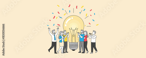 Group of enthusiastic business people stand around large glowing light bulb with confetti celebrating new idea startup and successful teamwork creative innovation concept