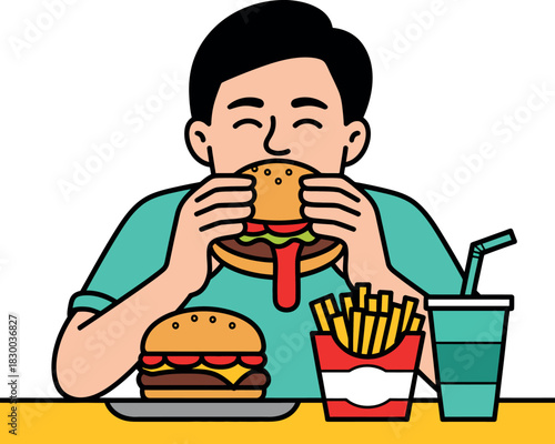 A person is eating a large hamburger with french fries and a drink.