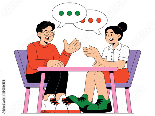 Two people sitting at a table, talking and gesturing with speech bubbles above them.