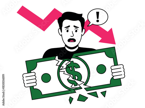 A man looks distressed holding a broken dollar bill with a downward trending graph behind him.