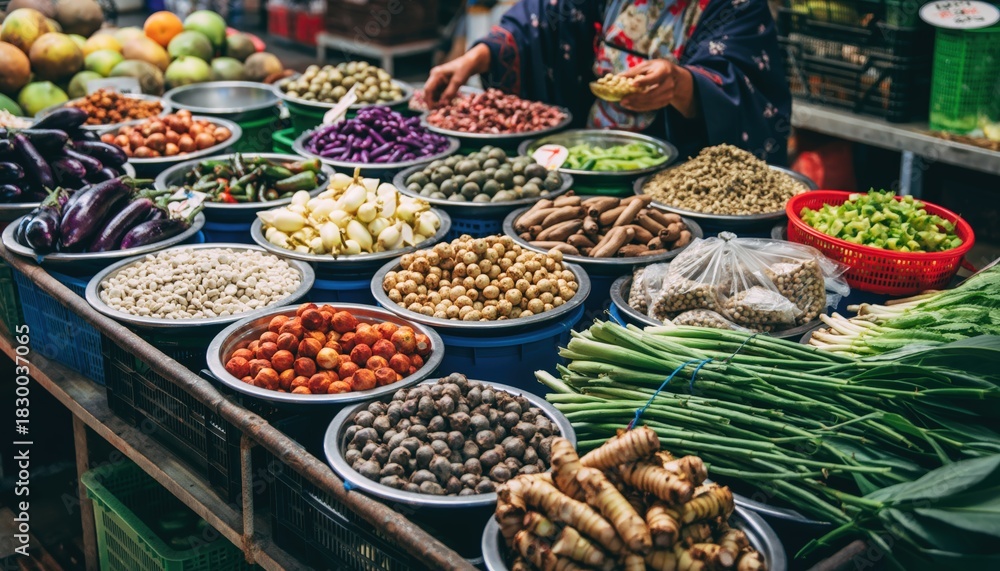 Fototapeta premium Vibrant market display of diverse natural foods