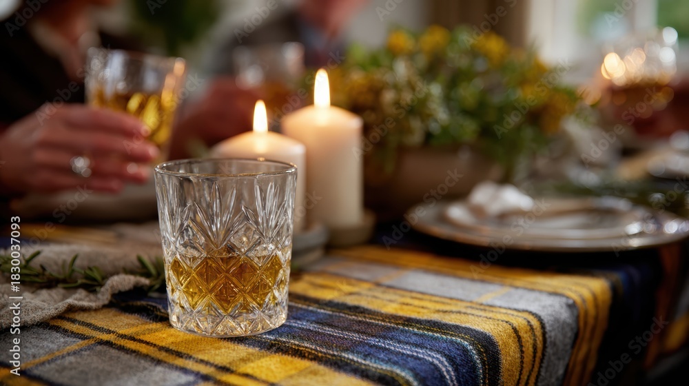 Naklejka premium scottish burns night celebration, a warm, scottish dining room adorned for burns night with tartan tablecloths, candles, whisky glasses, guests in kilts toasting during the haggis ceremony