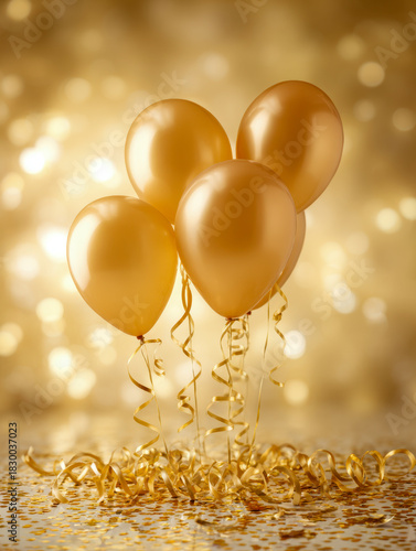 Elegant golden balloons with curled ribbons and scattered confetti under warm sparkling lights for festive celebrations and party decor background