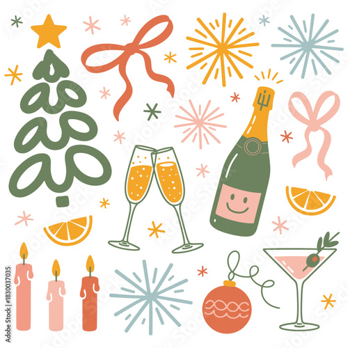 Set of alcohol beverage cocktails and drinks illustrations with wine bottle and glass for celebration party design