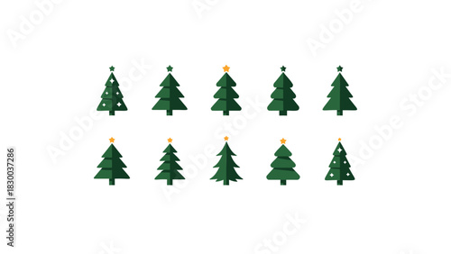 Collection of ten stylized green christmas trees with golden star toppers on a white background