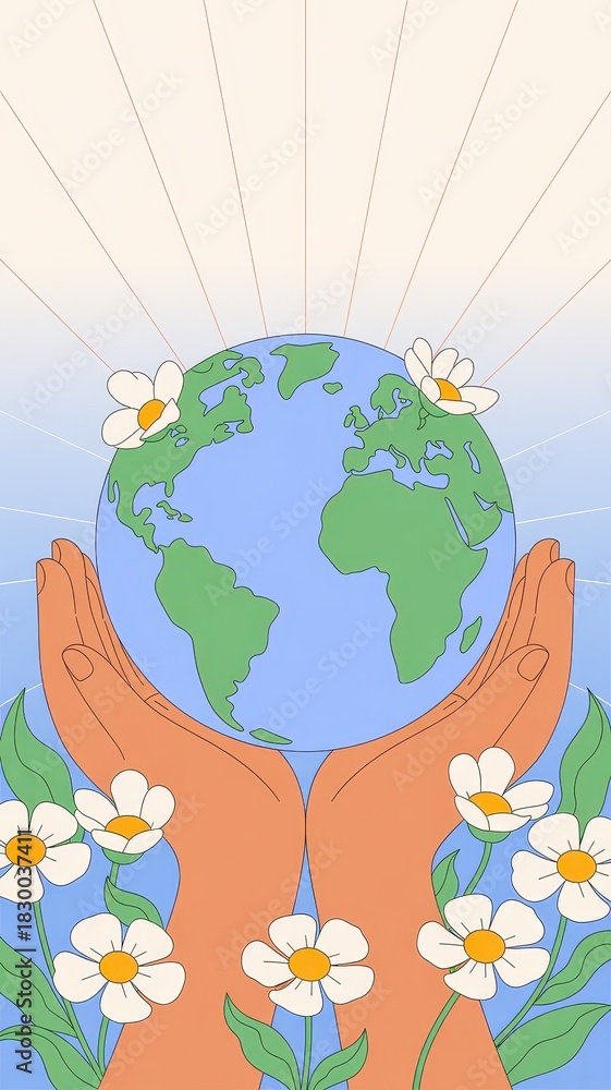 Naklejka premium Caring hands holding Earth surrounded by daisies art