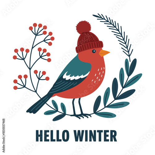 Cute vector cartoon illustration of a tropical parrot on a spring cherry tree branch with flowers, leaves, and colorful feathers