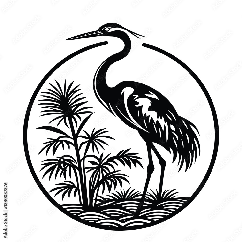 Naklejka premium Crane silhouette vector standing on one leg with long neck