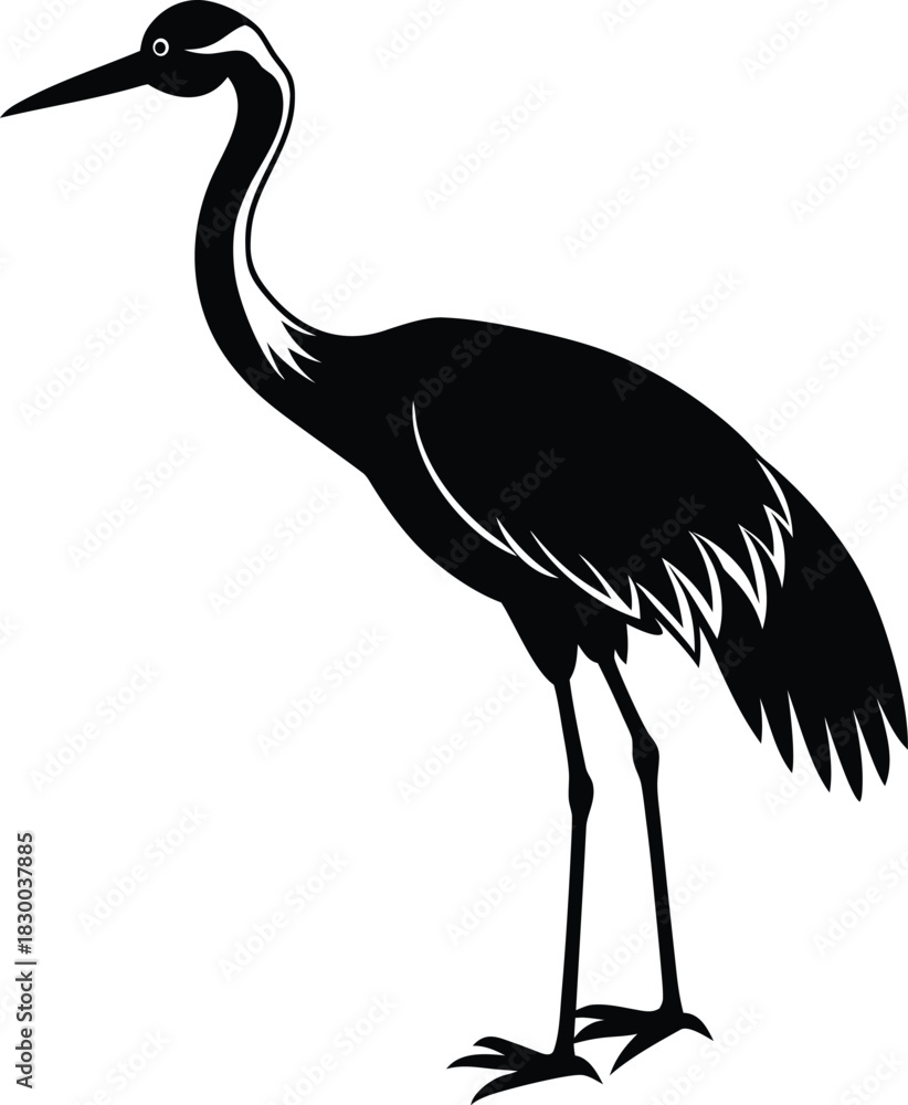 Obraz premium Crane silhouette vector standing tall on one leg with sharp beak