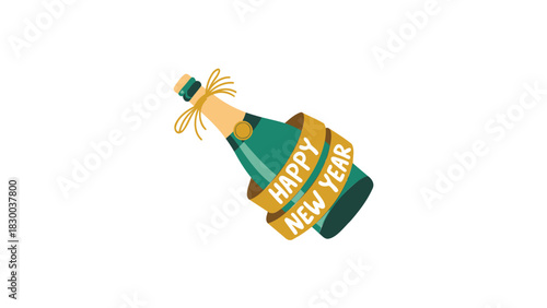 Festive green champagne bottle with gold ribbon and happy new year banner isolated on white background