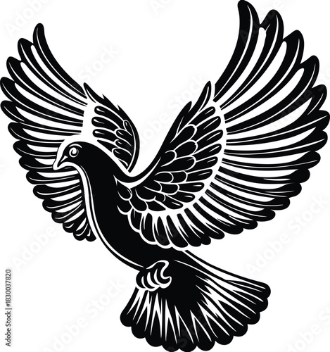 Dove silhouette vector flying with wings spread on white background