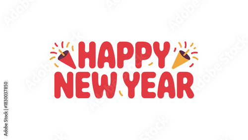 Festive red and yellow text proclaiming happy new year with exploding party poppers and confetti on a white background