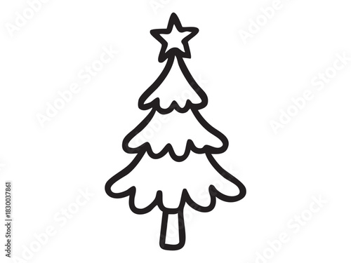 Black doodle of christmas tree with star isolated on white background. concept of holiday decor, festive season, winter celebration, icon, logo, playful design element