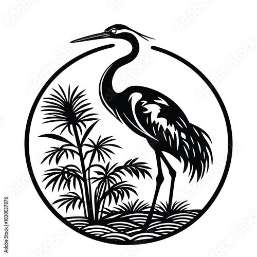 Crane silhouette vector standing on one leg with long neck