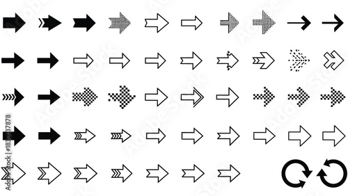 A collection of diverse arrow icons, varying in style, color, and fill pattern, all pointing to the right, with two circular arrows at the bottom right.