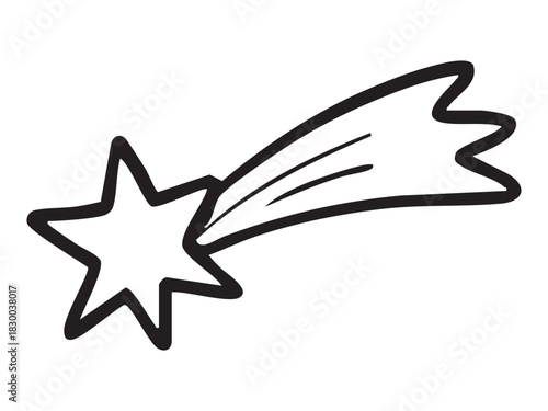 Black outline of a shooting star isolated on white background, illustration. concept of icon, logo, celestial symbol, wish, astronomy, starry night, design element