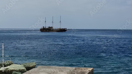 Classic Wooden Sailing Ship on the Open Sea