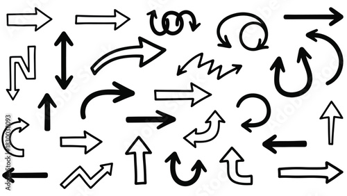 A collection of hand-drawn arrows in various styles and directions, indicating movement, direction, and choice on a white background.