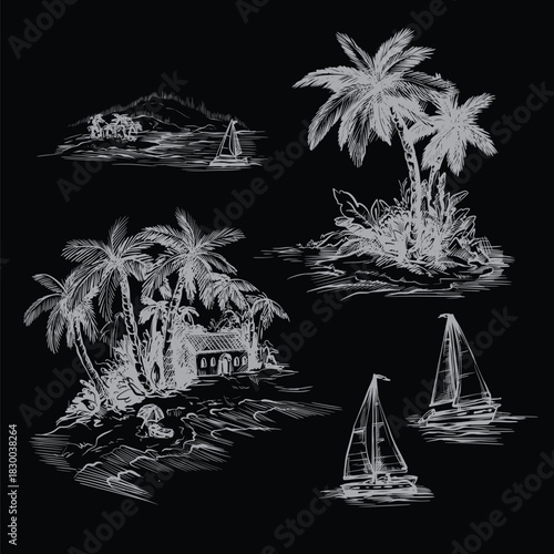 Tropic toile vector illustration set with palm islands boats coastal vintage hand drawn elements