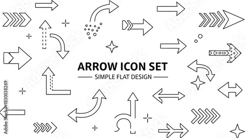 A collection of simple flat design arrow icons is displayed on a white background, featuring various directions and styles for digital and print use.
