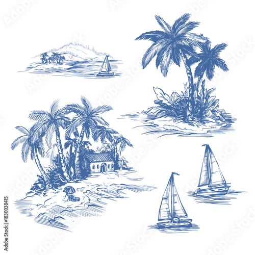 Tropic toile vector illustration set with palm islands boats coastal vintage hand drawn elements